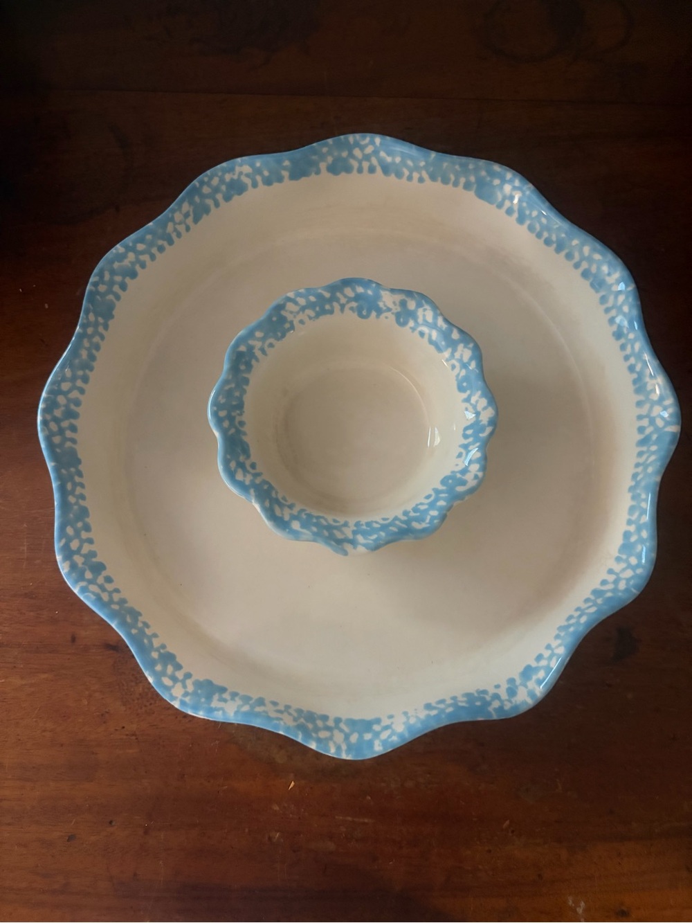 Ceramic Scalloped Serving Platter with Matching Dip Bowl - Blue and White